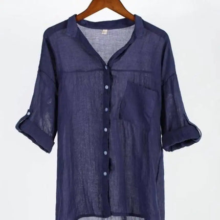 Women's Japanese Style Sun-Protective Linen Shirt Loose 3/4 Sleeve Stand-Up Collar Fresh And Comfortable Linen Blend