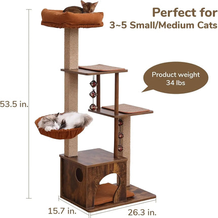 4-in-1 Large Modern Cat Tower with Scratching Post, Hammock, and Silvervine Balls, Brown Wood Climber for Indoor Cats, Retro Style