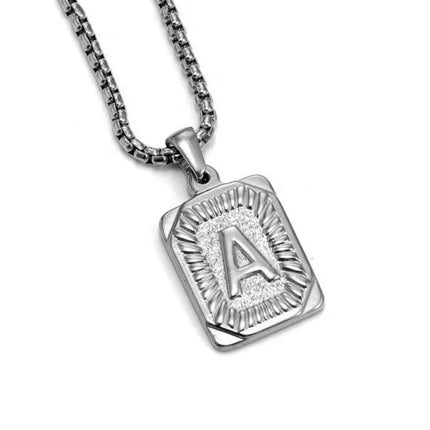 Men's 18K Gold Square Double-Sided 26 English Letter Pendant Titanium Steel Jewelry Necklace