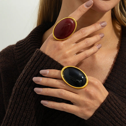 Salircon Classic Simple Geometry Red Oval Resin Finger Ring for Women Vintage Elegant Rings Charm Party Accessories Jewelry Gift