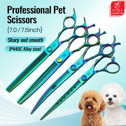 Fenice JP440C 7/7.5 Inch Professional Pet Dogs Grooming Scissors Kits Straight Curved Thinnier Chunker Shears Set For Dogs