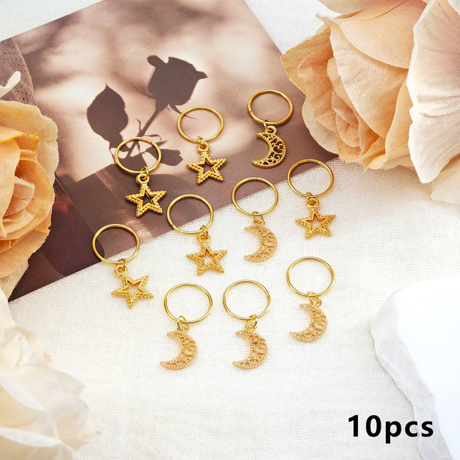 10pcs Star&Moon Pattern Hair Ties Set, Gold-Color Unique Dreadlock Hair Accessories, Braiding Decorations For Makeup & Party