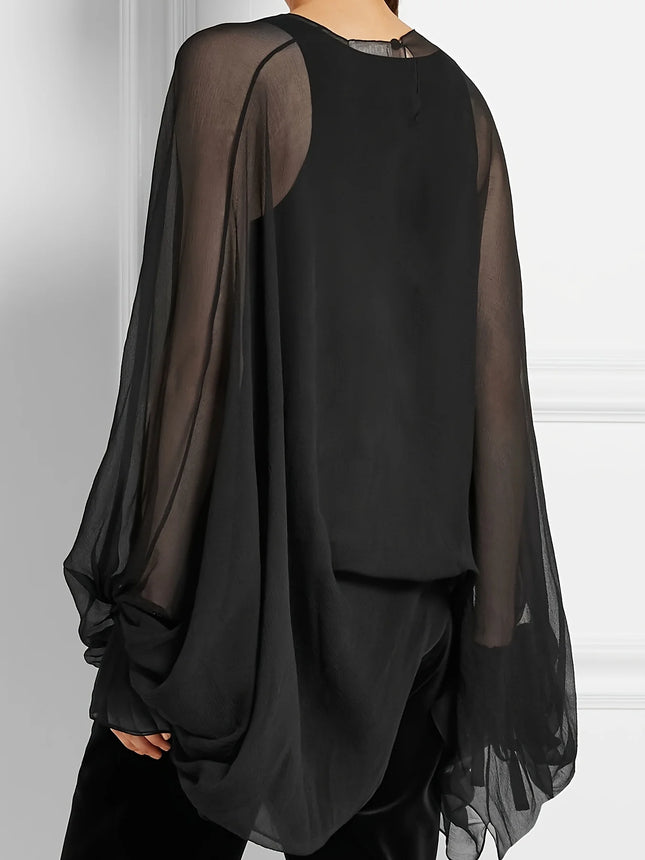 Chiffon Plus Size Blouse for Women Round Neck Lantern Sleeve Sheer See Through Long Sleeve Sexy Loose Casual Vintage Autumn Tops