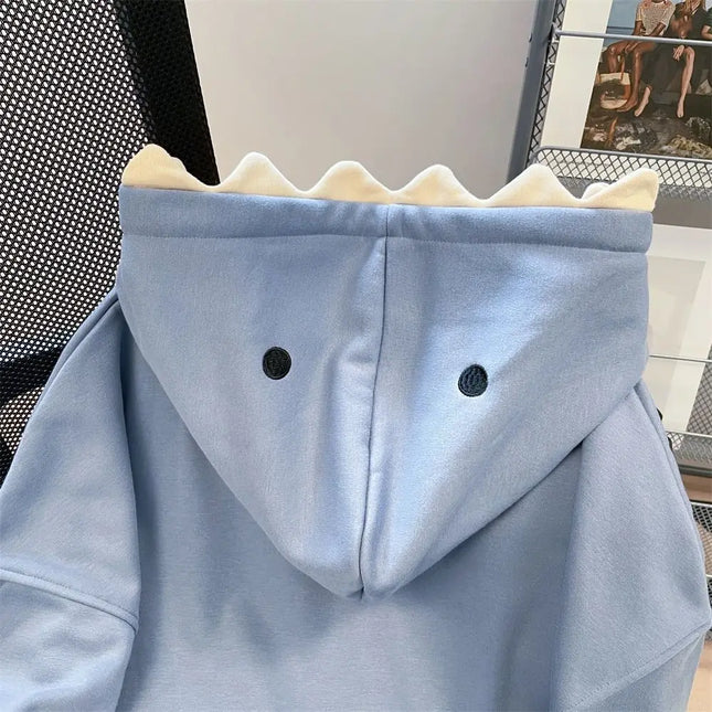 Aesthetic Long Sleeve Fleece Shark Hoodies Drawstring Top Coat Hooded Sweatshirts Casual Loose Shark Hat Sweater School Student