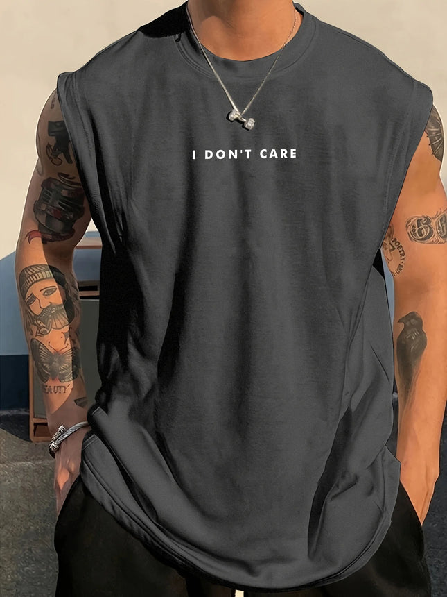 100% Pure Cotton Summer Men's Fashionable Casual Loose I DON'T CARE Letter Pattern Printed Fitness Sports Sleeveless Vest