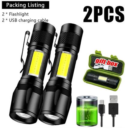 Mini Portable COB+XPE Flashlight, USB Rechargeable Zoomable Focus Tactical Torch with Pen Clip for Camping Outdoor