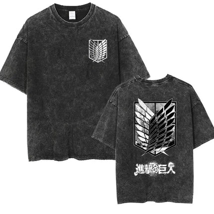 Anime Attack on Titan Vintage Washed Print T-shirt Mikasa Ackerman Eren Jaeger Wings of Freedom Logo Men's Summer Cotton T-shirts