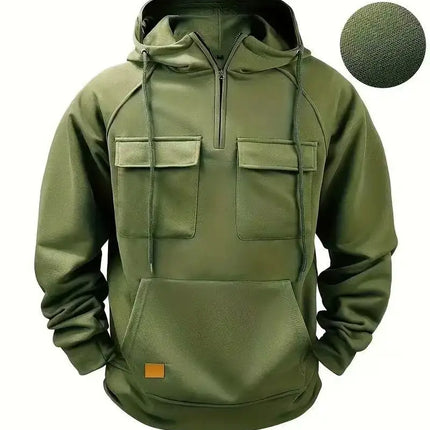 Fashionable Youth Men's Hoodie Solid Color Casual Autumn/Winter Pullover with Multi Pockets Patch Design