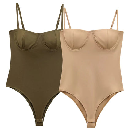 HXAO Bodysuit Women Bustier Slip Tops Body Sexy Women Lingerie Slimming Bodysuit Brown Green Sleeveless Cup Thong Bodysuit Woman