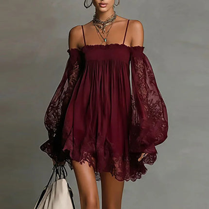 Boho Spring Off Shoulder Hollow Lace Dress Woman Elegant Puff Sleeve Ruffle Party Dresses Summer A-line Casual Holiday Mini Robe