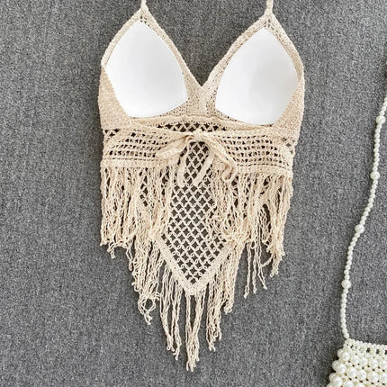 Knitted Tassels Hollow Out Tank Camis for Women Bohemian Style Halter Sleeveless Sexy Femme Corset Crop Tops Beach Tank Camisoles