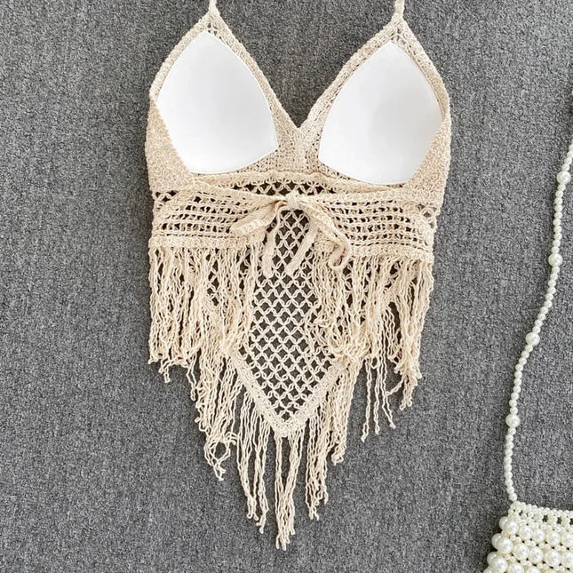 Knitted Tassels Hollow Out Tank Camis for Women Bohemian Style Halter Sleeveless Sexy Femme Corset Crop Tops Beach Tank Camisoles