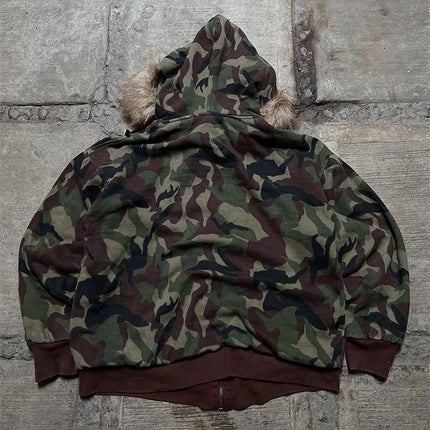Winter Warm Camouflage Hoodie Women's Faux Fur Trim Zip-Up Sweatshirt Female  Oversized Streetwear Hooded Jacket 2026 New