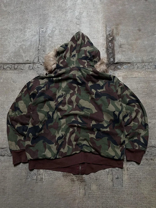 Winter Warm Camouflage Hoodie Women's Faux Fur Trim Zip-Up Sweatshirt Female  Oversized Streetwear Hooded Jacket 2026 New