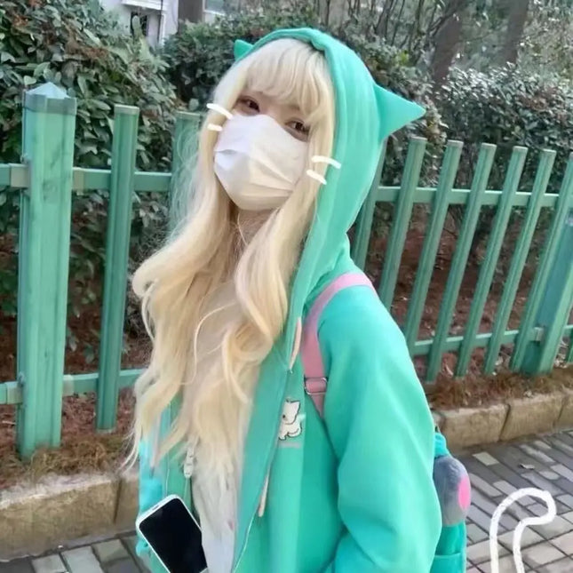 Zipper Hoodie Gothic Cartoon Kawaii Cat Ear Y2k Jacket Zip Up Thin Coat Spring Autumn Cute Core 2000s Clothes Fall Sweatshirts
