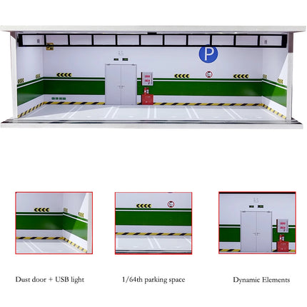 1/64 Scale Car Garage Diorama with USB LED Light Realistic Parking Lot Display Case for Model Cars & Miniature Vehicles