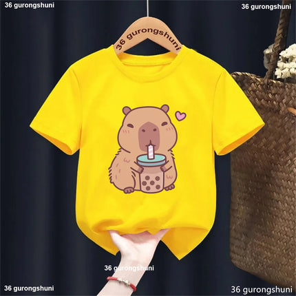 Funny T-Shirt Capybara With Turtle Loves Bubble Milk Tea Printed T-Shirt Girls/Boys Kawaii Kids Clothes Harajuku Shirt Tops