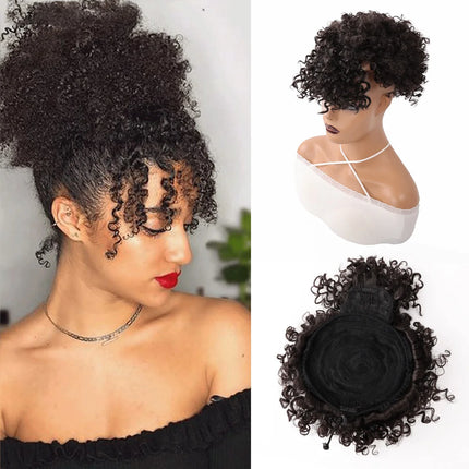 Afro Puff Drawstring Ponytail with Bangs Pineapple Updo Hair for Black Women Short Kinky Curly Ponytail Bun For Women Girls