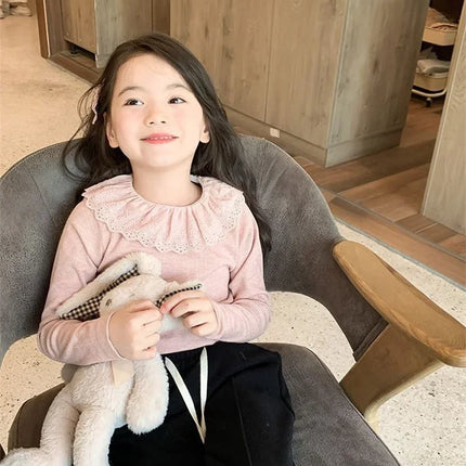 1-12 Years Long-Sleeved Shirts Children's Spring Knitted Tops Baby's Lace 2025 Lace Base Shirt Korean Girls Ruffle Collar T-shirt