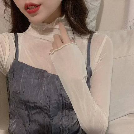 High Neck Sheer Mesh Top Women Clothing Long Sleeve Turtleneck T-shirt Korean Sexy See Through Black White Beige Shirt New