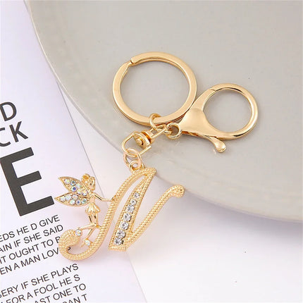 A-Z Rhinestone Elf Girl Letter Keychain Gold Color Initial Name Keyrings Girls Car Key Holder Handbag Purse Charms Decoration