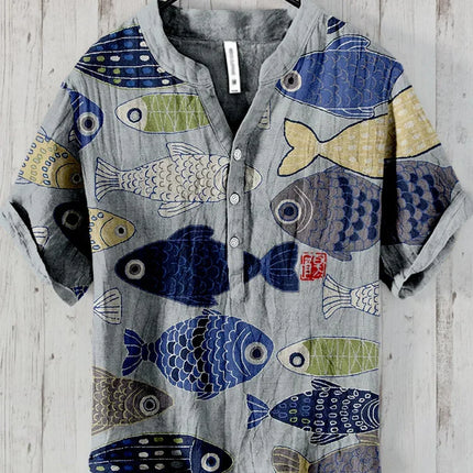 Popular European and American short-sleeved wave pattern men's shirts, stand-up collar shirts, Hawaiian shirts, men's vacation shirts
