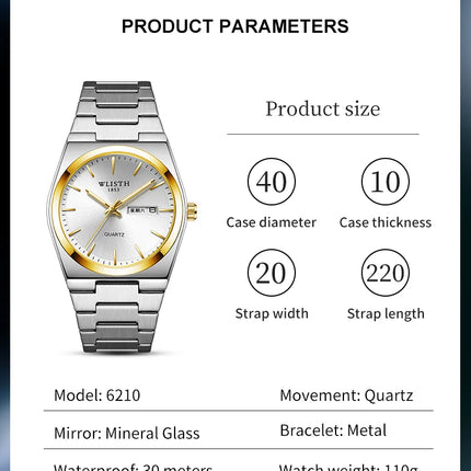 Men's Quartz Watch Luxury Waterproof Luminous Date Week Stainless Steel Men's Watch Male Wristwatches