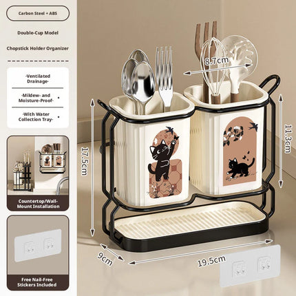 Kitchen Utensil & Knife Holder with Drain Tray Wall Mount Chopstick Cutlery Storage Rack for Countertop