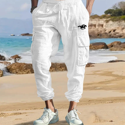 Men's Cotton Linen Blend Cargo Jogger Pants, Elastic Waist Drawstring Trousers with Side Pockets for Summer Casual Daily Outdoor