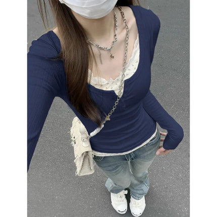 Women's Streetwear Fake Two-Piece Long Sleeve T-shirt Floral Lace Trim Casual Slim Fit Tees Female Autumn Winter Bottoming Top