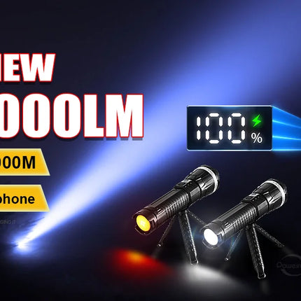 780000000LM Super Powerful Flashlight Rechargeable LED Tactical Torch  Ultra Bright Long Range 6000M Lantern Outdoor With Stand