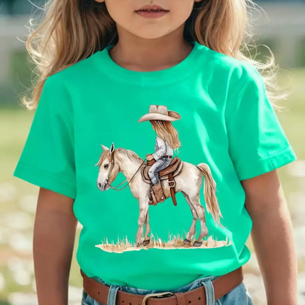Girl Clothes Cow Girl Riding Horse 3D Print T-Shirt Western Festival Casual Top Summer Short Sleeve Outdoor Children's Clothing