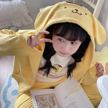 Sanrio Kawaii Pompompurin Cinnamoroll Hooded Hoodie Cardigan Coat Anime Kuromi Cute Costume Jacket Spring Loose Girls Student