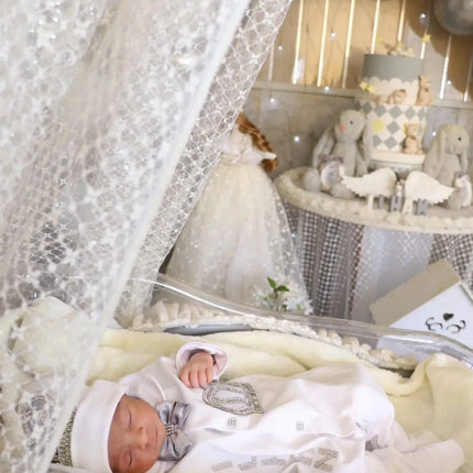 Original UK Prince Take Me Home Outfit Baby Crown Jewels set Baptism Bling Outfit Rubybelleb Light Blue 3pcs Layette Swaddle Set