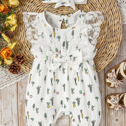 Girls Summer Sleeveless Lace Cotton Baby Bow Jumpsuit - Casual Cute Print With Plants