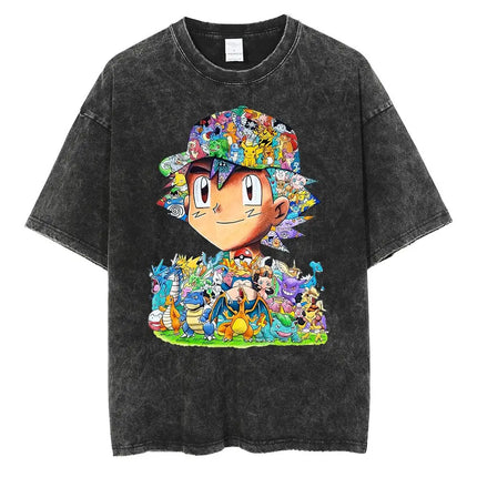 Pokemon Gastly Haunter Gengar T Shirt Men 2026 Summer Vintage Acid Wash Oversized Tee Japanese Anime Streetwear Hip Hop Harajuku