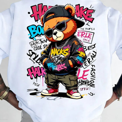 European and American men's summer teddy bear graffiti print comfortable and breathable round neck T-shirt outdoor street top