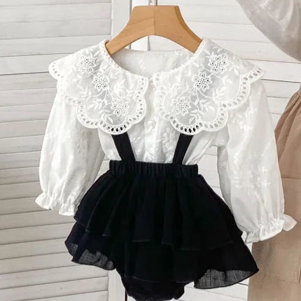 8508 Baby Girl's Clothing Set 2024 Spring New Solid Color Big Lapel Girl's Shirt Or Strap Bag Fart Pants Sweet Toddler Suit
