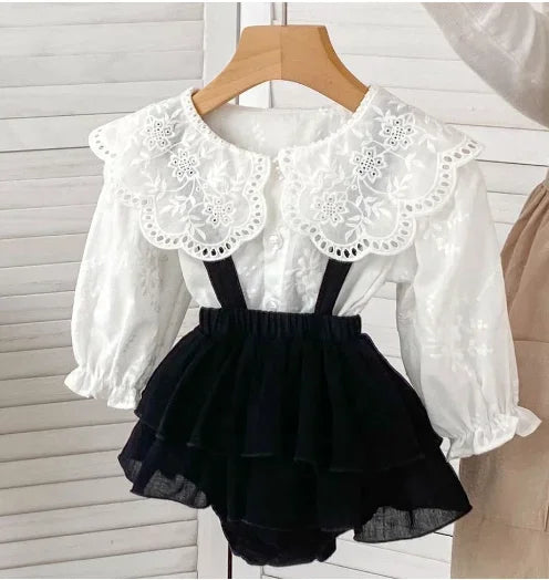 8508 Baby Girl's Clothing Set 2024 Spring New Solid Color Big Lapel Girl's Shirt or Strap Bag Bloomers Sweet Toddler Suit