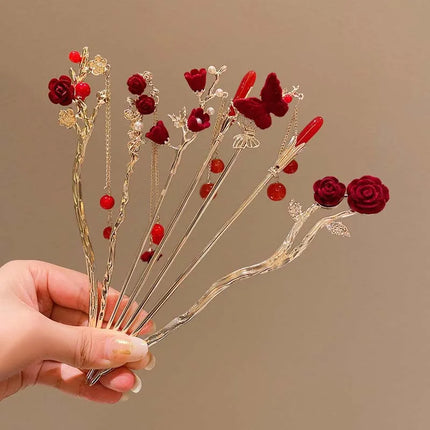 Rose Flower Hair Stick Tassel Hairpin Chinese Wedding Accessories Hairpin Hair Stick Female Hair Ornament Styling Tools