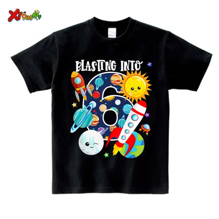 Boys Outer Space Birthday Shirts Girl Custom Outfit Rocket Children's Summer Cotton Top Clothing Set Clothes Children Clothing