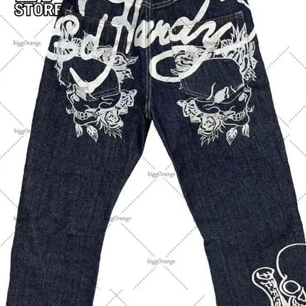 Mens Jeans Streetwear Y2K Vintage Straight Leg Denim Pants Skull Rose Flame Print Design Loose Fit Retro Punk Hip Hop Fashion