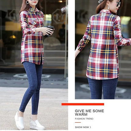 Thickened Fleece Women's Long Sleeve Shirt Warm Slim Fit Midi Length Plaid Korean Style Fashionable Women's Button-up Top