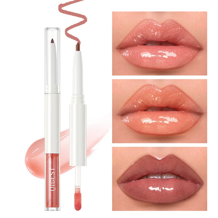 Double Head Mirror Lip Glaze 2 in 1 Lipliner Pen Water Light Lip Gloss Makeup Set Matte Velvet Lip Liner Pencil Contour Cosmetic