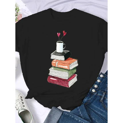 Coffee Books Brown books American retro T-shirt woman round neck half sleeve T-shirt printed T-shirt top woman oversized