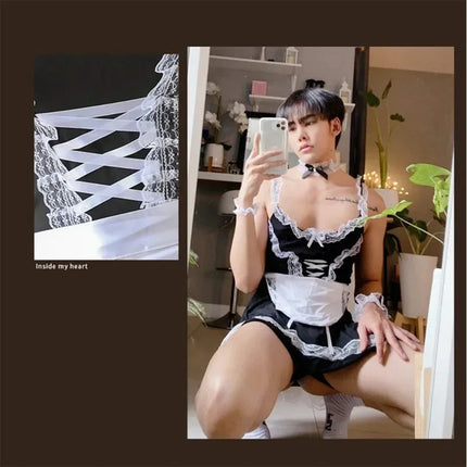 Mens Sexy Sissy Plus Size Lingerie Set Man Cosplay Maid Outfit Lace Suspender Skirt Roleplay Crossdresser Gay Fetish  Cosplay 18