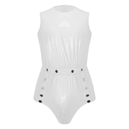Mens Sleeveless Glossy PVC Leather One-piece Romper Jumpsuit Waterproof Bodysuit Buttons Openable Crotch for Clubwear Swimming