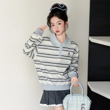 New Spring Children Long Sleeve Striped Cotton Polo Shirts for Teen Girls Casual Clothing School Kids Elegant Sweatshirt Coat