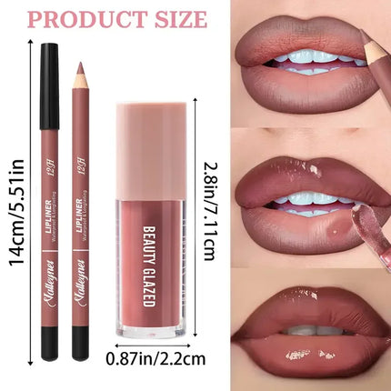 Waterproof 2Pcs Long-Lasting Matte Lip Makeup Set - Lip Liner & Glaze Combo with Pencil Texture, Red, Brown, Pink, Nude Tones