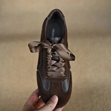 Suede Retro Lace Up Casual Flat Shoes Women Comfort Shallow Autumn Footwear Female Brown Genuine Leather Ballet Sneakers Women